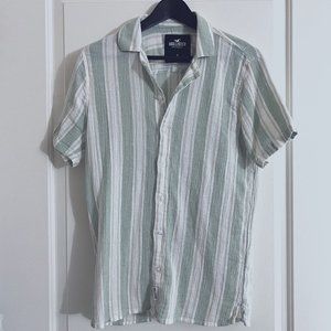 Hollister Green Striped Short Sleeve Button Down Shirt